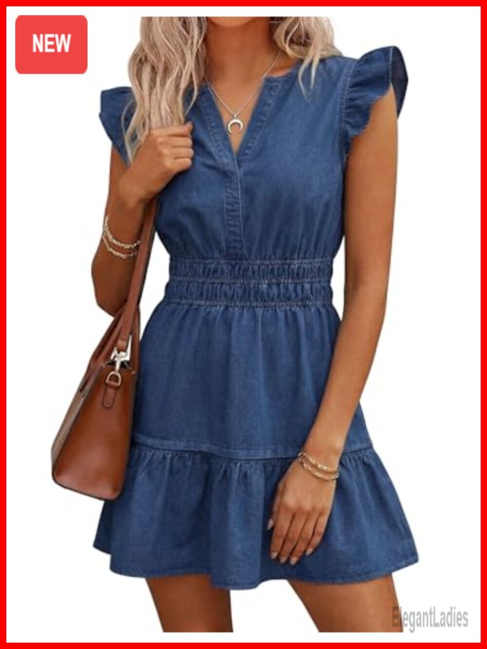 BISUAL Denim Dress Women Ruffle Sleeve Fit Flare Mini with Pockets